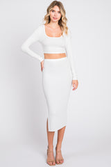 White Ribbed Maternity Crop Top Midi Skirt Set