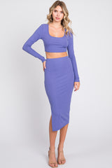 Violet Ribbed Maternity Crop Top Midi Skirt Set