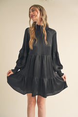 Black Mock Neck Tiered Mini Dress