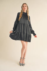 Black Mock Neck Tiered Mini Dress