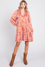 Rust Print Collared Puff Sleeve Dress