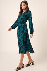 Teal Flower Print Long Sleeve Surplice Midi Dress