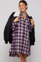 Navy Plaid Button Down Oversize Maternity Mini Shirt Dress