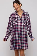 Navy Plaid Button Down Oversize Maternity Mini Shirt Dress