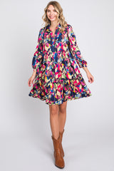 Multicolor Print Satin 3/4 Sleeve Dress