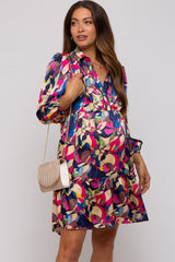 Multicolor Print Satin 3/4 Sleeve Maternity Dress