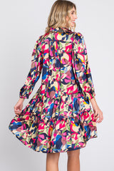 Multicolor Print Satin 3/4 Sleeve Dress