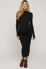 Black Mock Neck Long Sleeve Maternity Midi Dress