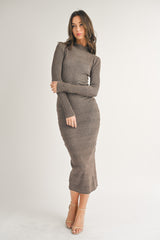 Brown Mock Neck Long Sleeve Maternity Midi Dress