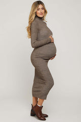 Brown Mock Neck Long Sleeve Maternity Midi Dress