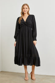 Black Twisted Front Long Sleeve Ruffle Hem Midi Dress