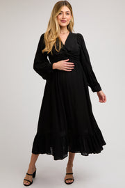 Black Twisted Front Long Sleeve Ruffle Hem Maternity Midi Dress