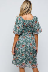 Green Floral Puff Sleeve Maternity Dress