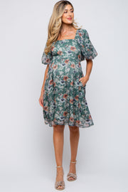 Green Floral Puff Sleeve Maternity Dress