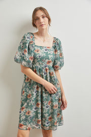 Green Floral Puff Sleeve Dress