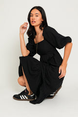 Black Square Neck Puff Sleeve Midi Dress