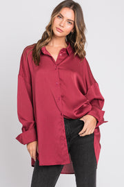 Red Satin Textured Stripe Button Down Top