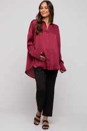 Red Satin Textured Stripe Button Down Maternity Top