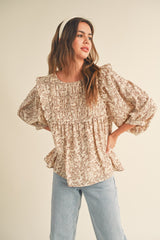 Brown Floral Ruffle Blouse