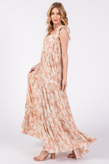 Light Pink Leaf Printed Square Neckline Tie Strap Tiered Maxi Dress