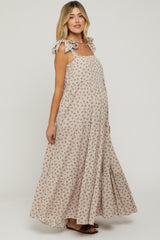 Taupe Floral Shoulder Tie Maternity Maxi Dress