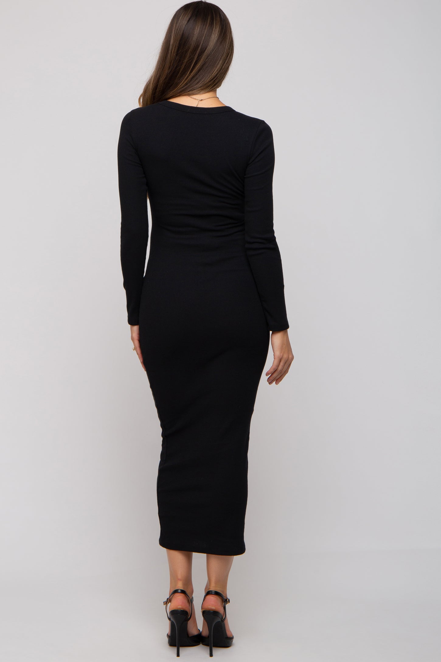 Long Sleeve Black Ribbed Maternity & Nursing Midi Dress