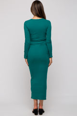 Green Ribbed Fitted Long Sleeve Maternity Midi Dress