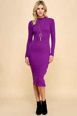 Purple Ribbed Mock Neck Button Side Slit Midi Dress