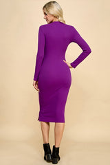 Purple Ribbed Mock Neck Button Side Slit Midi Dress