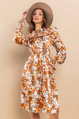 Mocha Floral Printed Ruffled Midi Dress