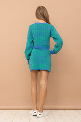 Green Blue Knit Top And Skirts Set