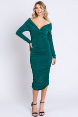 Forest Green Off Shoulder Glitter Ruched Maternity Midi Dress