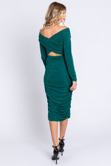 Forest Green Off Shoulder Glitter Ruched Midi Dress