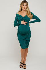 Forest Green Off Shoulder Glitter Ruched Maternity Midi Dress