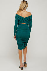 Forest Green Off Shoulder Glitter Ruched Maternity Midi Dress