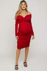 Red Off Shoulder Glitter Ruched Maternity Midi Dress