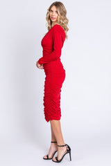 Red Off Shoulder Glitter Ruched Midi Dress