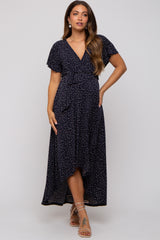 Navy Printed High-Low Hem Maternity Wrap Dress