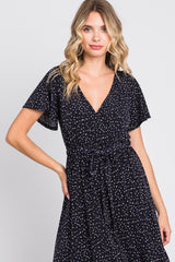 Navy Printed High-Low Hem Wrap Dress