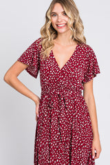 Burgundy Printed High-Low Hem Wrap Dress