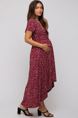 Burgundy Printed High-Low Hem Maternity Wrap Dress