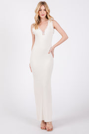 Ivory Ribbed Lace Flower Accent Maxi Dress