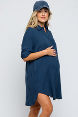 Navy Blue Gauze Button Down Maternity Dress