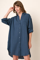 Navy Blue Gauze Button Down Maternity Dress