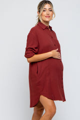 Burgundy Gauze Button Down Maternity Dress