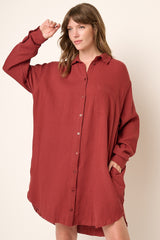 Burgundy Gauze Button Down Maternity Dress