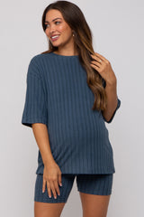 Blue Ribbed Soft Short Sleeve Maternity Shorts Set