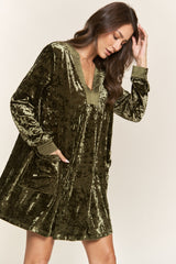 Olive V Neck Long Sleeve Velvet Dress