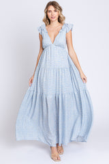 Light Blue Floral Deep V-Neck Tiered Maternity Maxi Dress