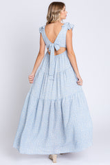 Light Blue Floral Deep V-Neck Tiered Maxi Dress